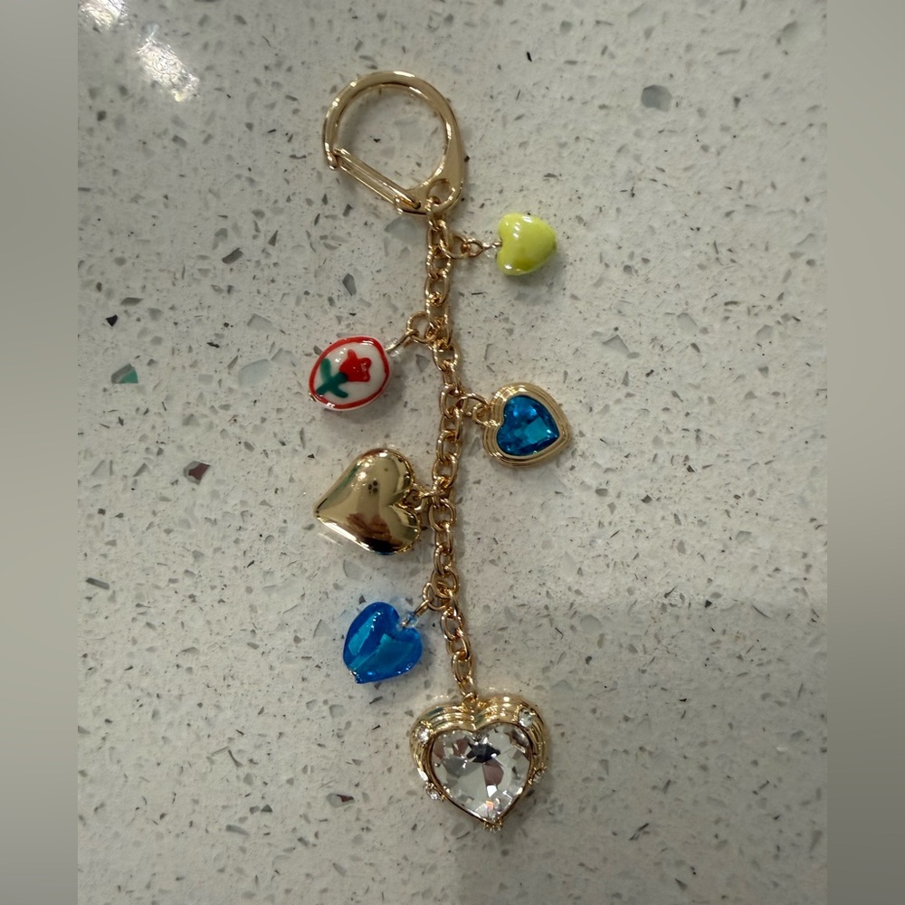 Gold Heart Purse Charm Keychain with Blue and Yellow Accents